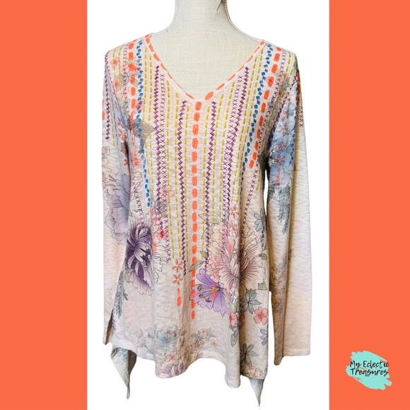Cupio Purple and Cream Asymmetrical or Shark Bite Hem Long Sleeve Tunic Large - Picture 1 of 10